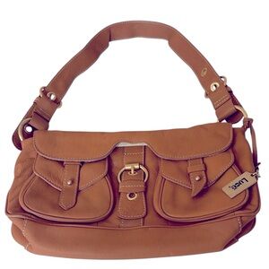 Luce leather hobo handbag, front pockets , back zip pouch, tan color
